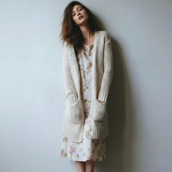 Free People Simply Sienna Cardigan Ivory Open Front Sweater Large - Picture 1 of 13